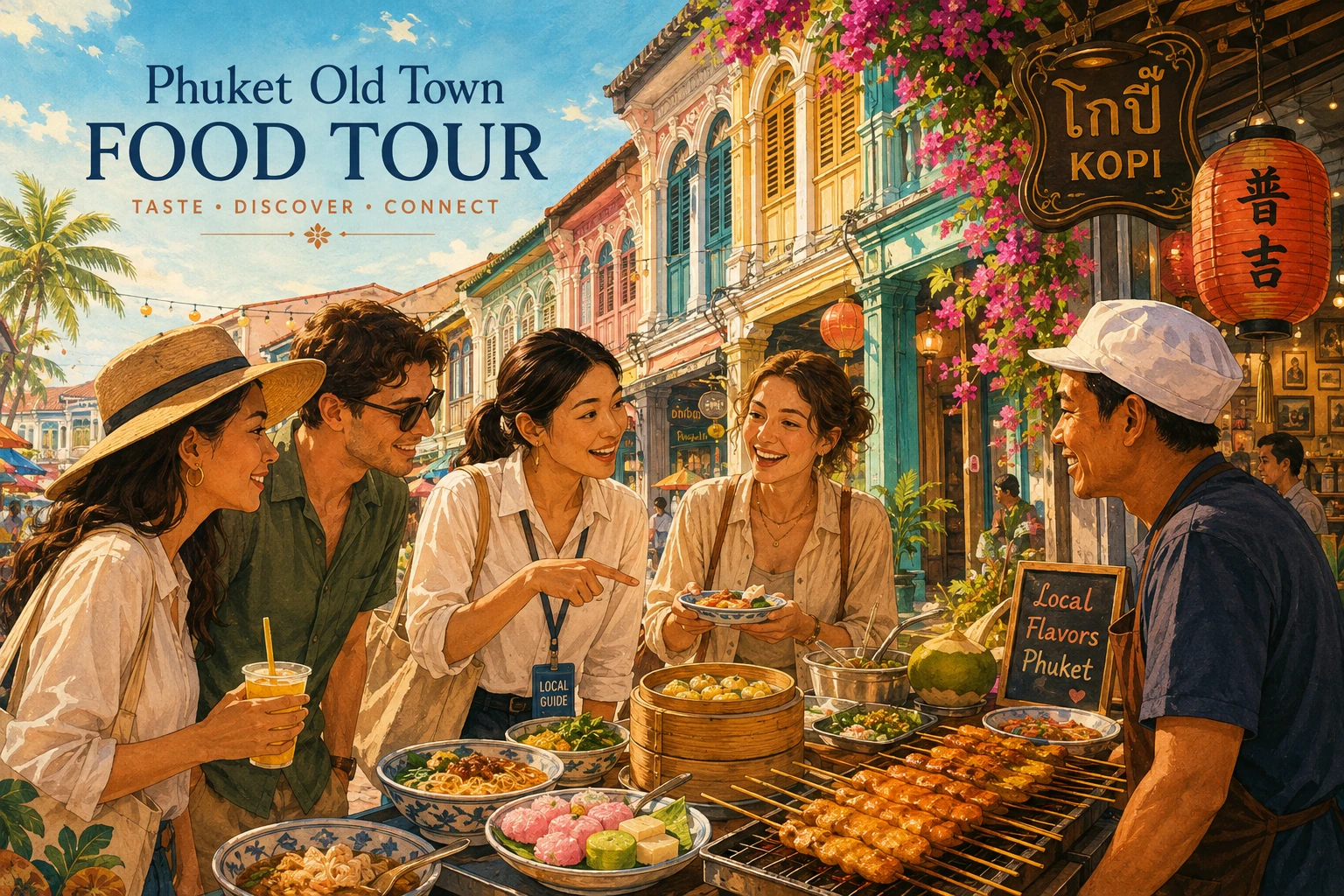 Travelers tasting local food in Phuket Old Town