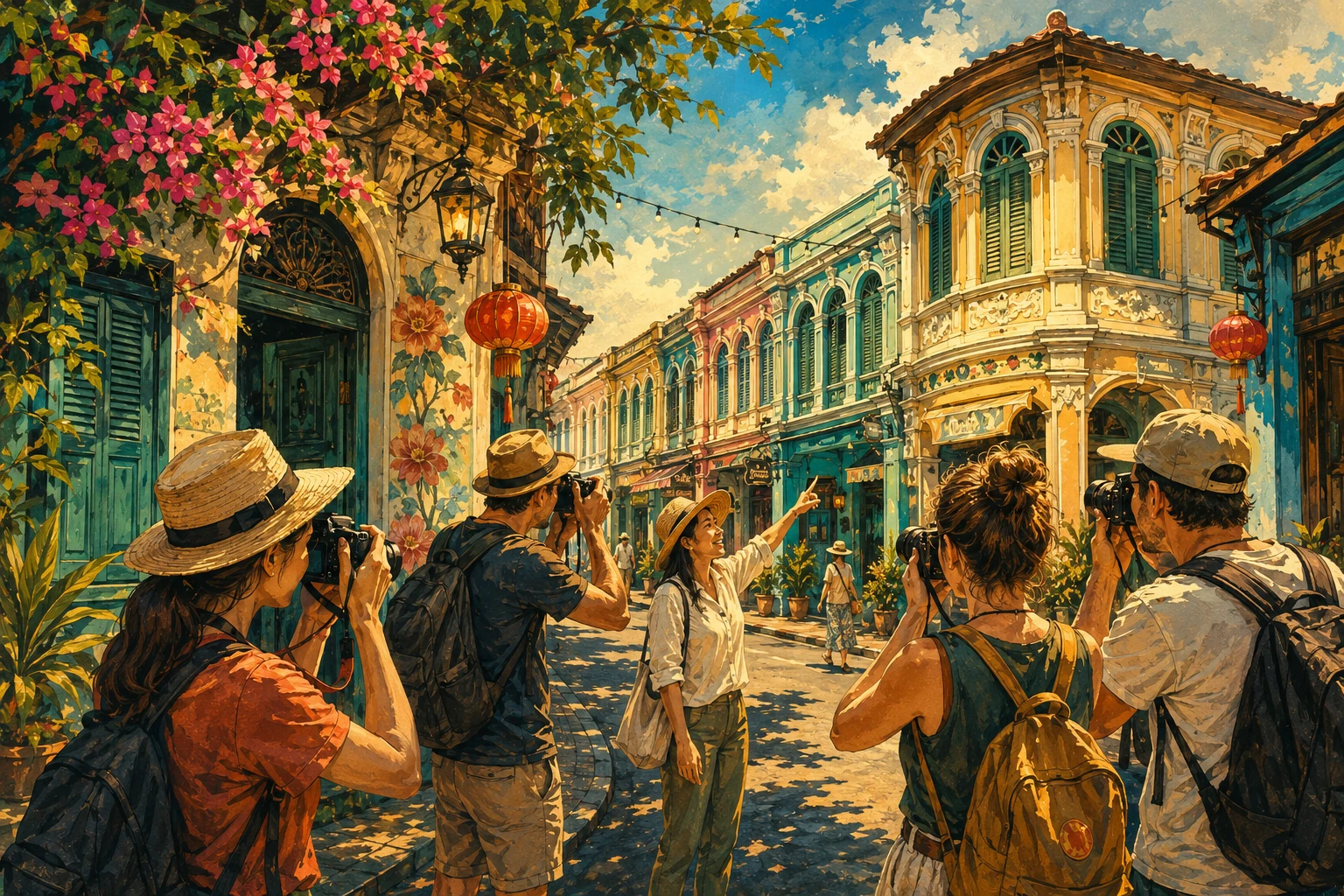 Travelers photographing Phuket Old Town