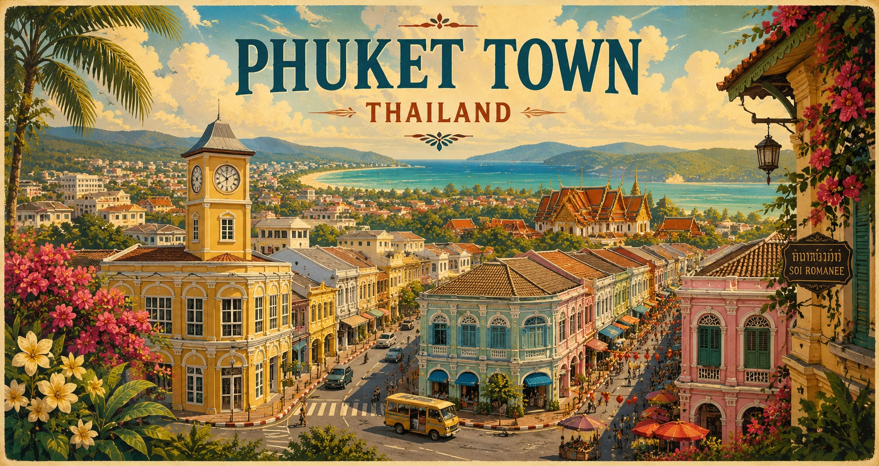 Vintage illustrated panorama of Phuket Town shophouses, shrines, markets, and tropical streets