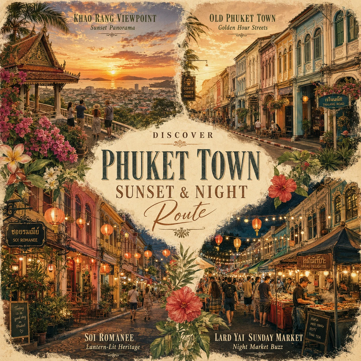 Illustrated Phuket Town sunset and night route