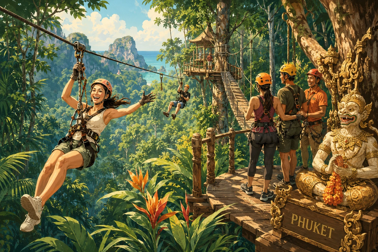 Travelers ziplining through tropical forest at Hanuman World Phuket
