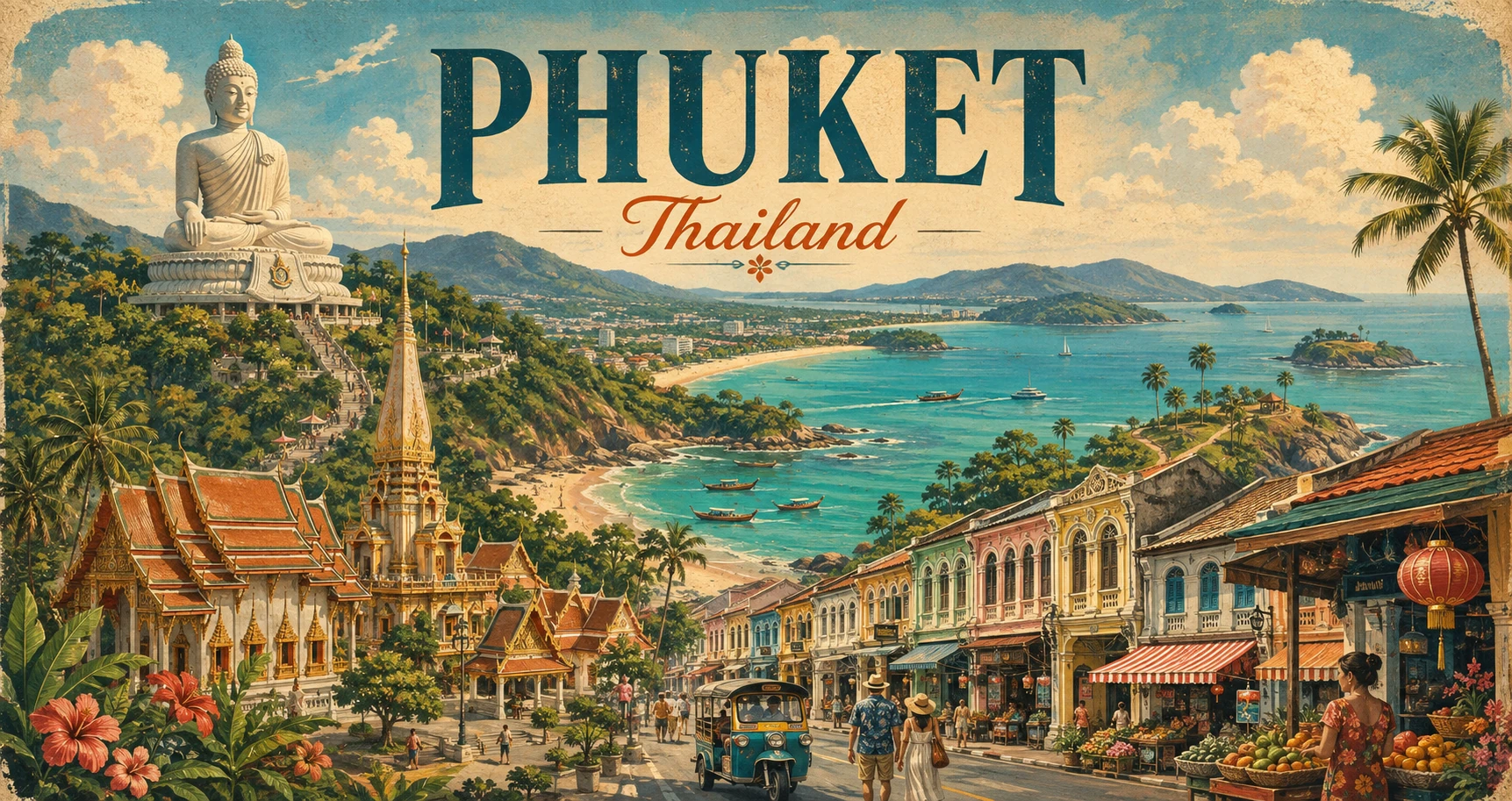 Vintage illustrated panorama of Phuket beaches, Old Town, temples, viewpoints, and Andaman boats