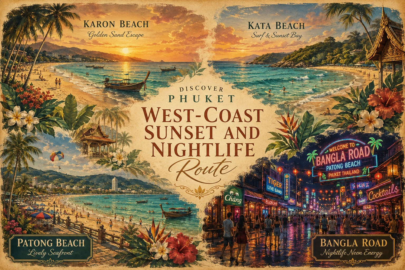Illustrated Phuket west-coast sunset route