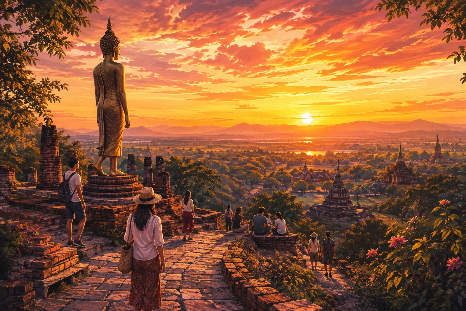Vintage illustration of a countryside sunset bicycle tour in Sukhothai