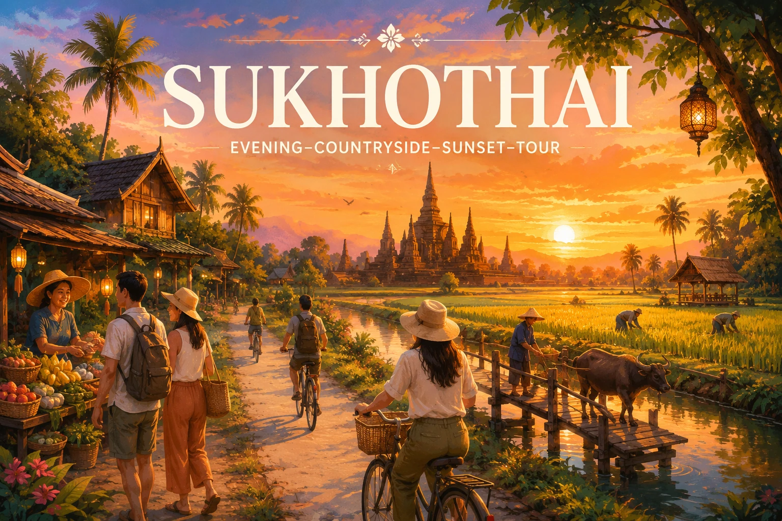 Vintage illustration of a full-day bicycle ride through Sukhothai