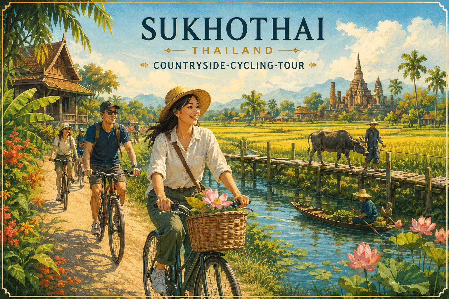 Vintage illustration of a countryside bicycle tour near Sukhothai