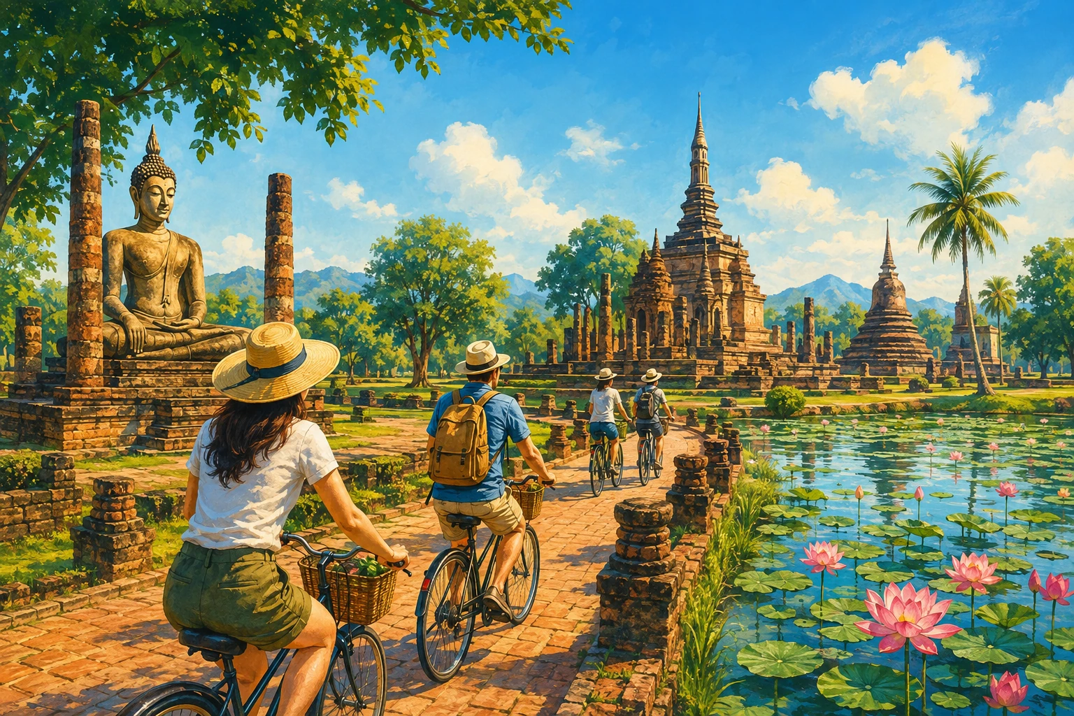 Vintage illustration of a cycling tour through Sukhothai Historical Park