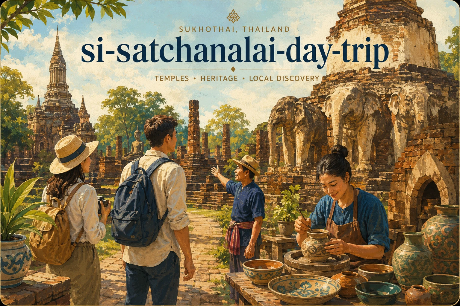 Vintage illustration of a private UNESCO heritage tour in Sukhothai
