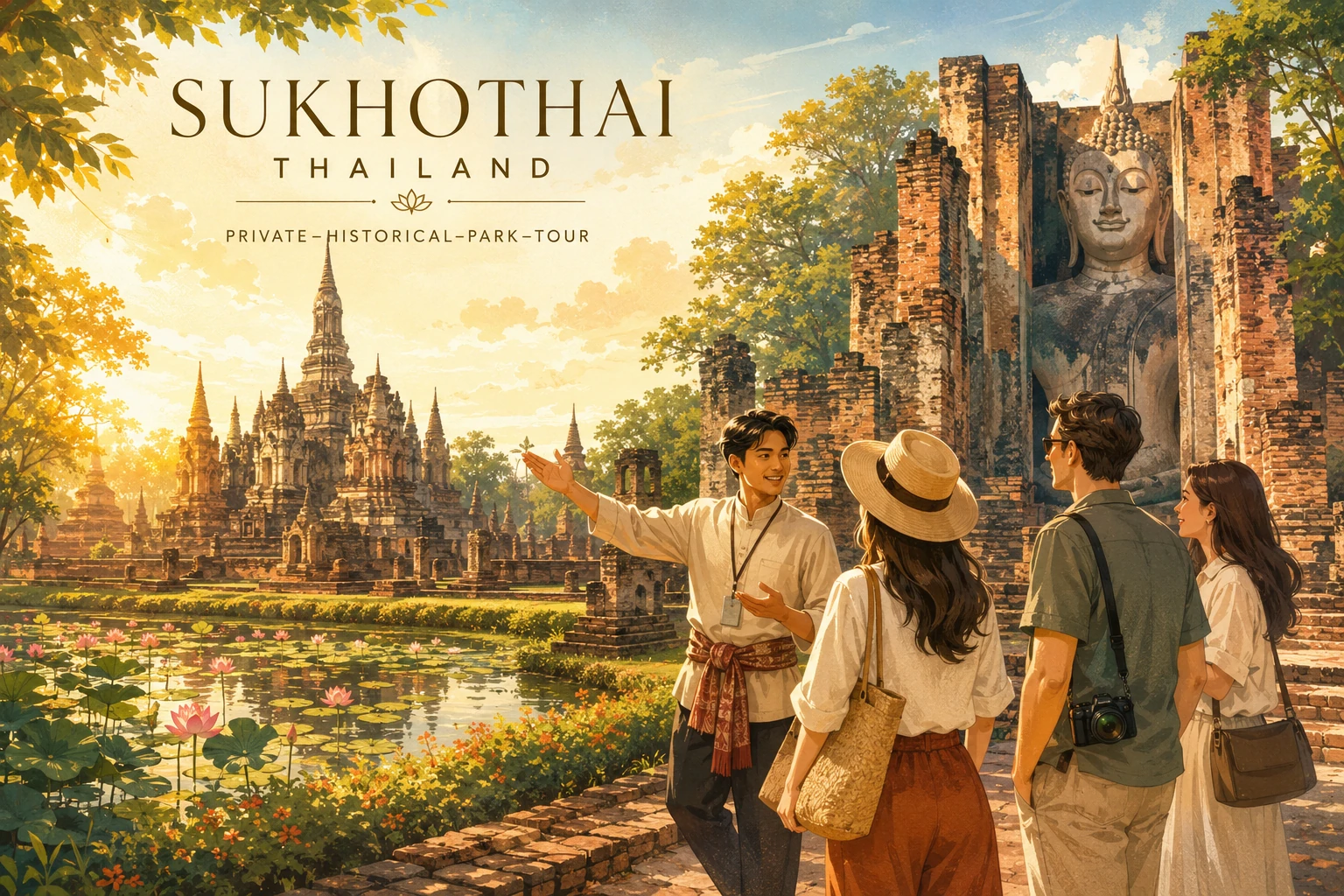 Vintage illustration of a private tour through Sukhothai Historical Park