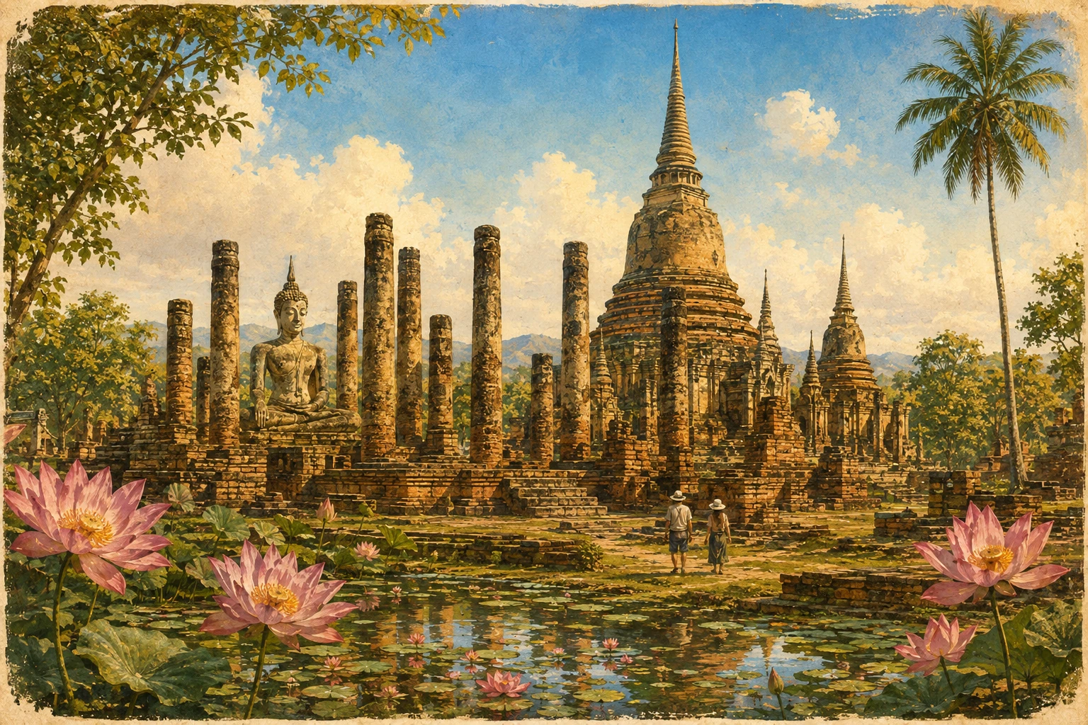Vintage illustration of Si Satchanalai Historical Park