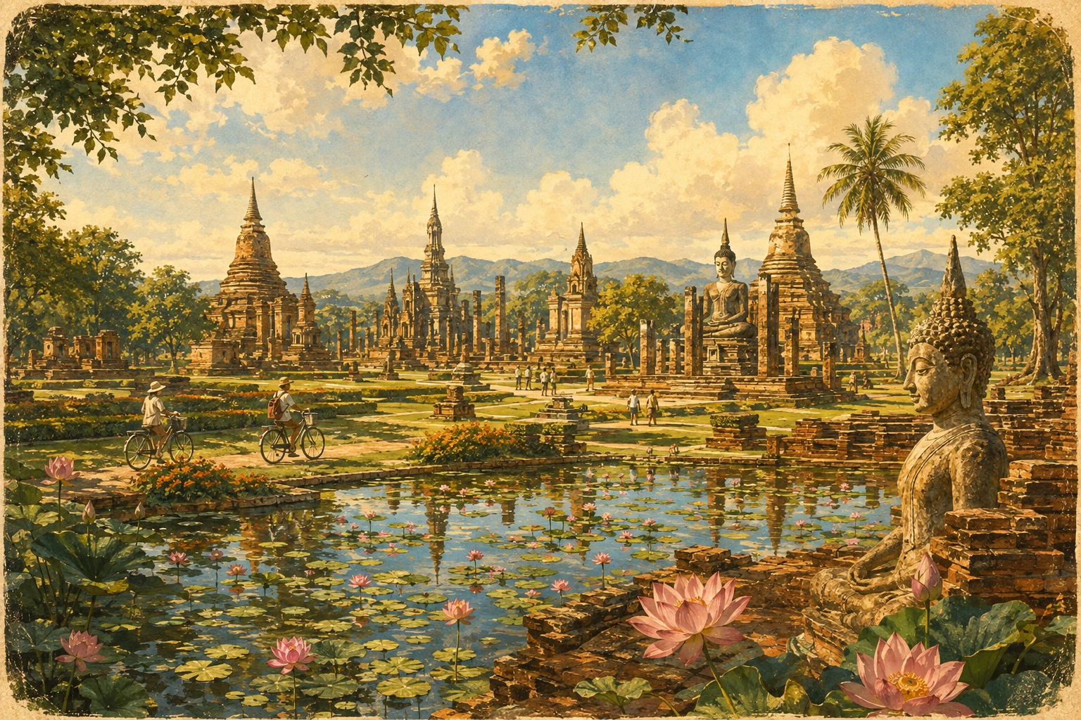 Vintage illustration of Sukhothai Historical Park and its temple ruins