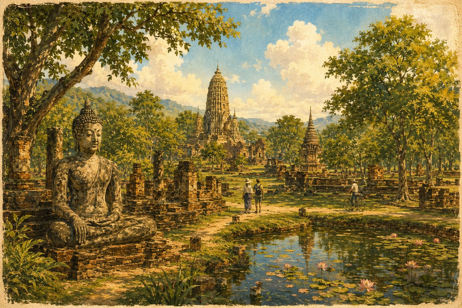 Vintage illustration of Wat Mahathat in Sukhothai