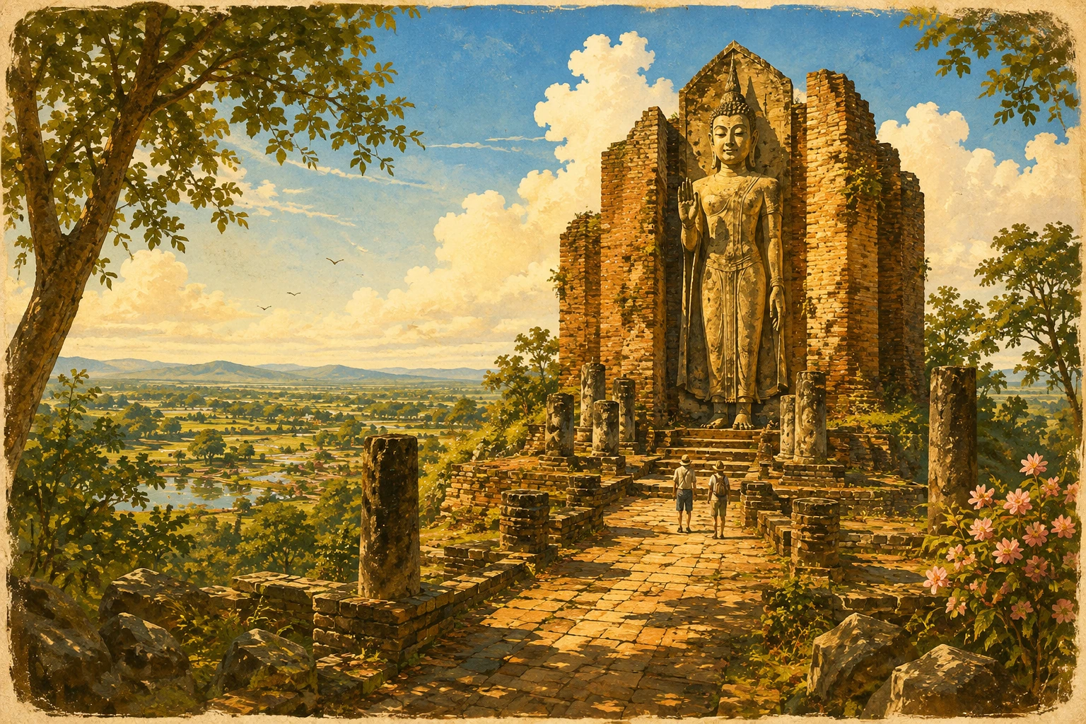 Vintage illustration of Wat Saphan Hin on its forested hill
