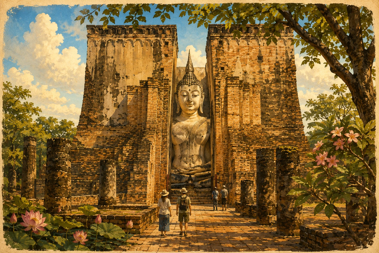 Vintage illustration of the monumental Buddha at Wat Si Chum