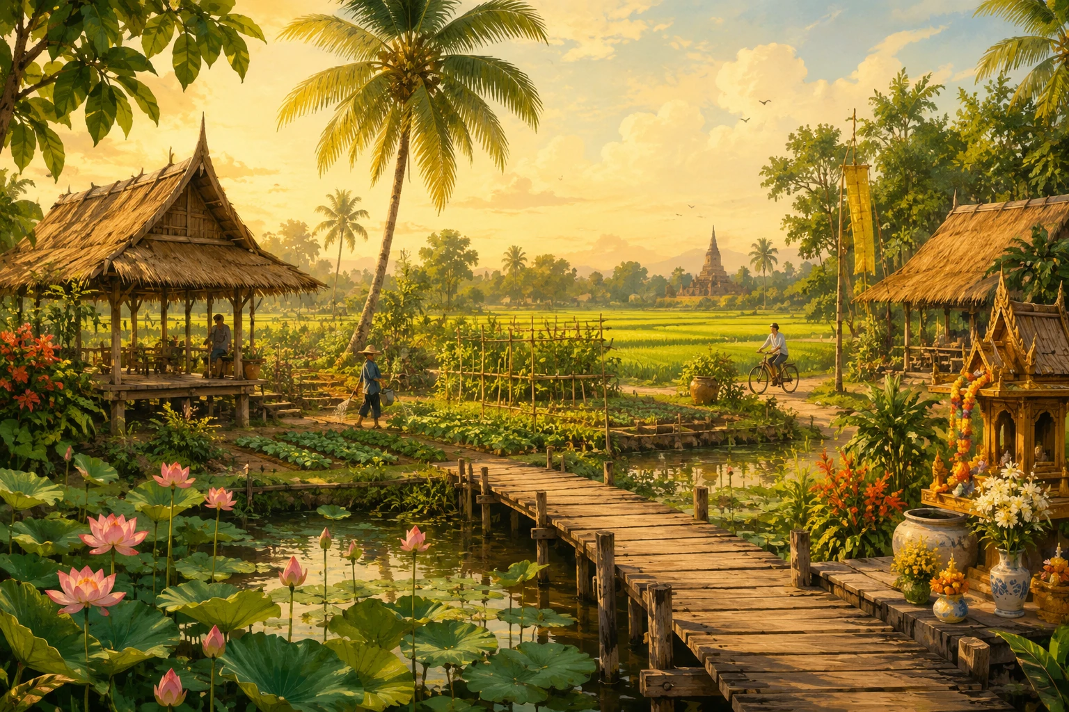Vintage illustration of the organic agriculture project near Sukhothai Airport