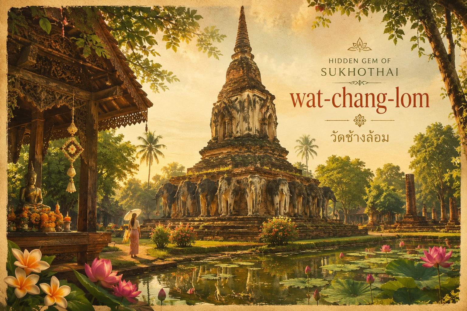 Vintage illustration of the elephant-ringed chedi at Wat Chang Lom