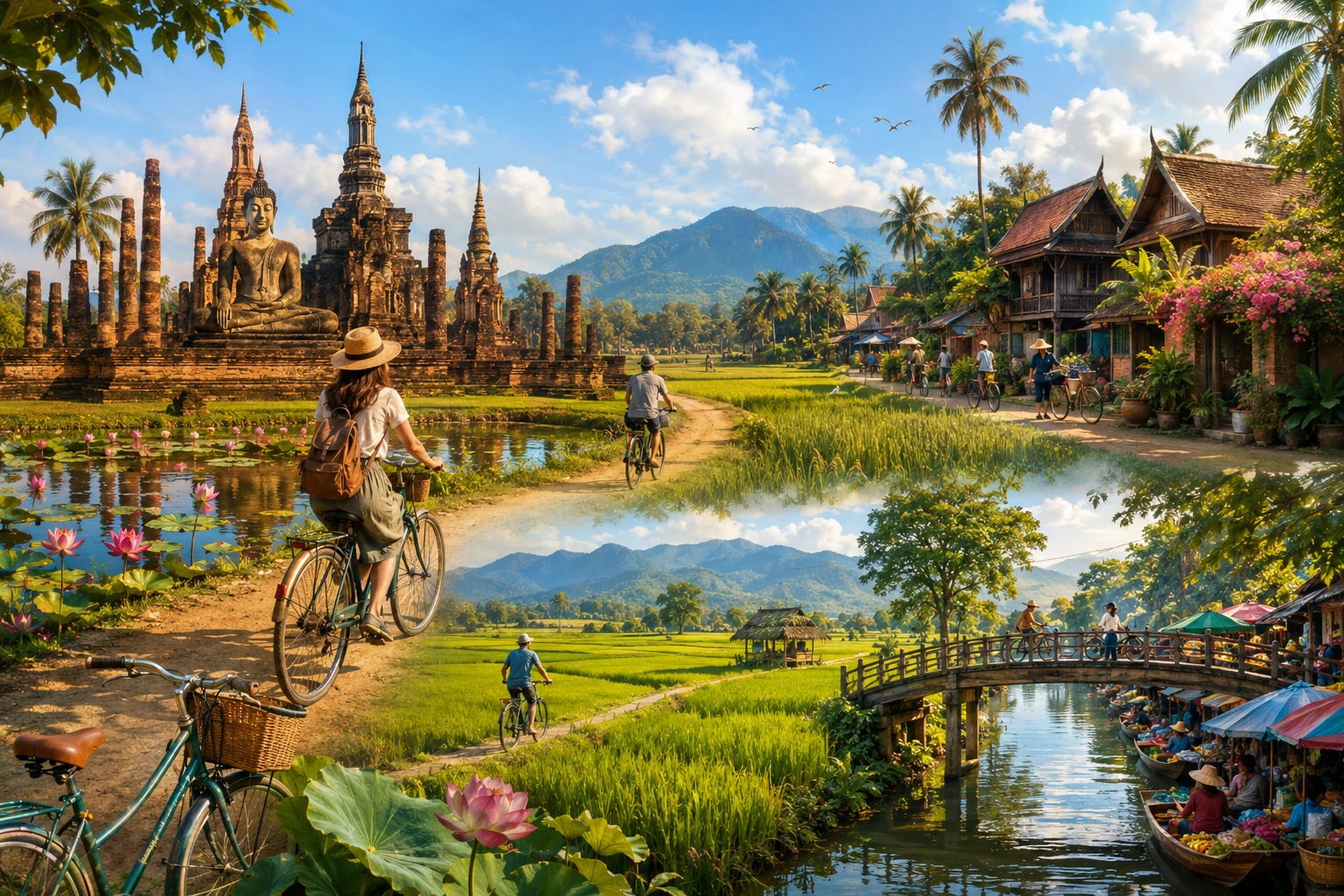 Illustrated cycling route through Sukhothai villages and rice fields