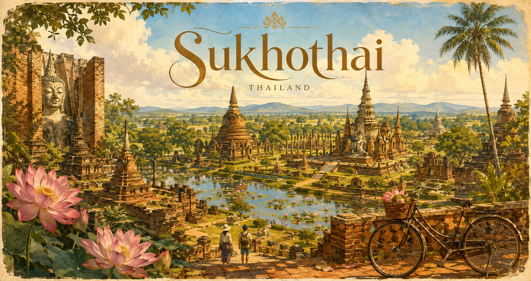 Vintage illustrated panorama of Sukhothai temples, lotus ponds, bicycles, and travelers