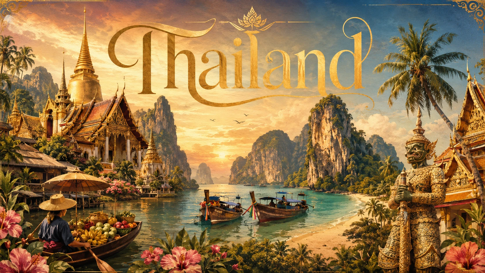 Illustrated Thailand travel panorama with temples, tropical landscapes, coastlines, and local atmosphere