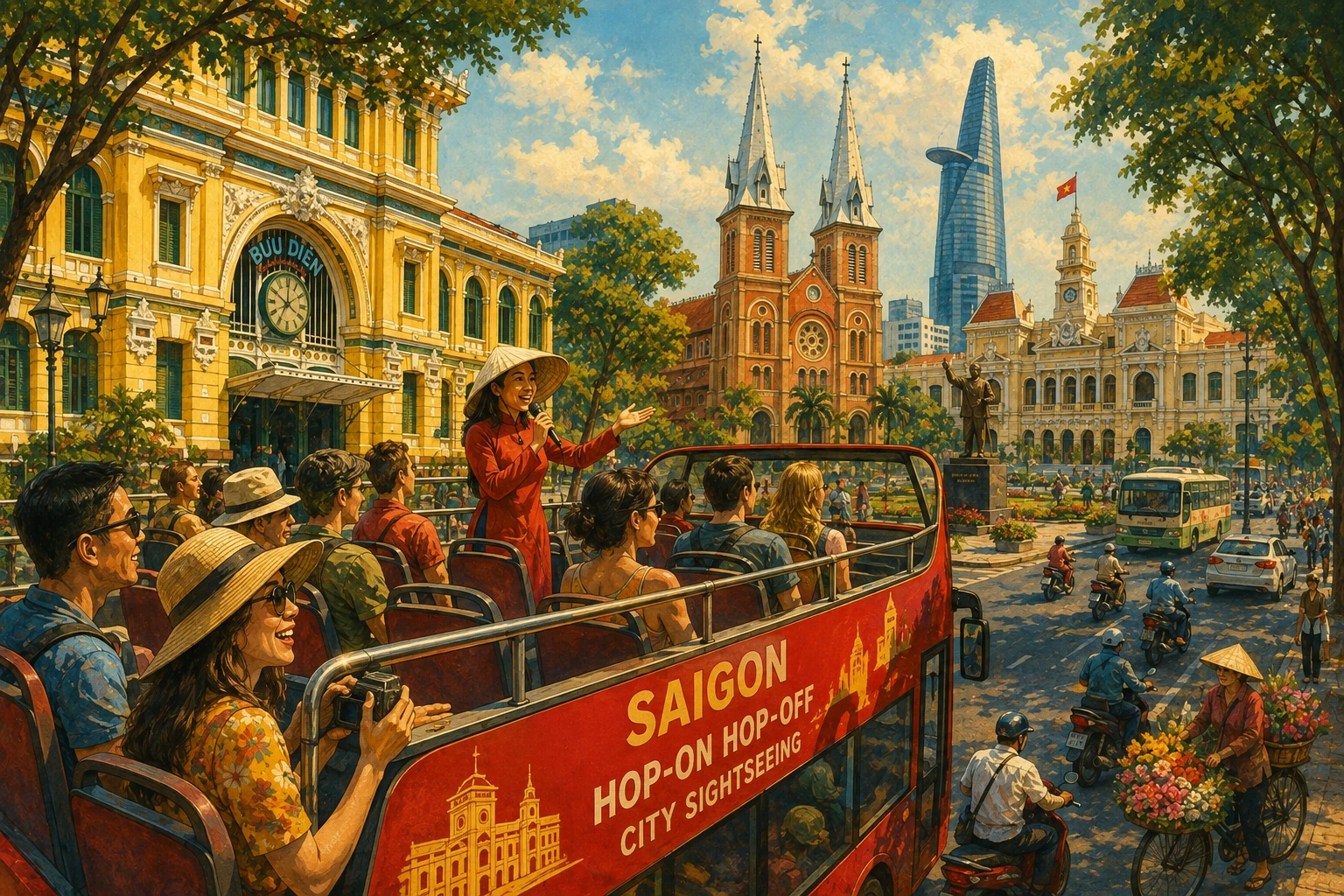 Open-top sightseeing bus passing Saigon landmarks