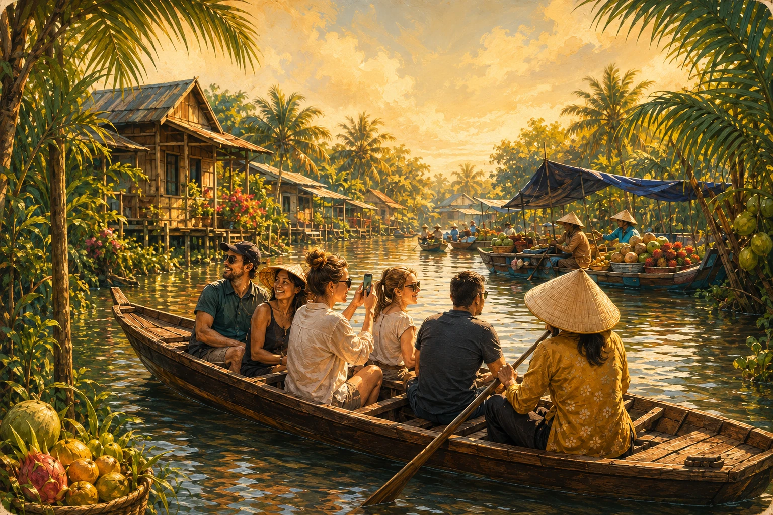 Travelers on a small boat during a Mekong Delta day tour