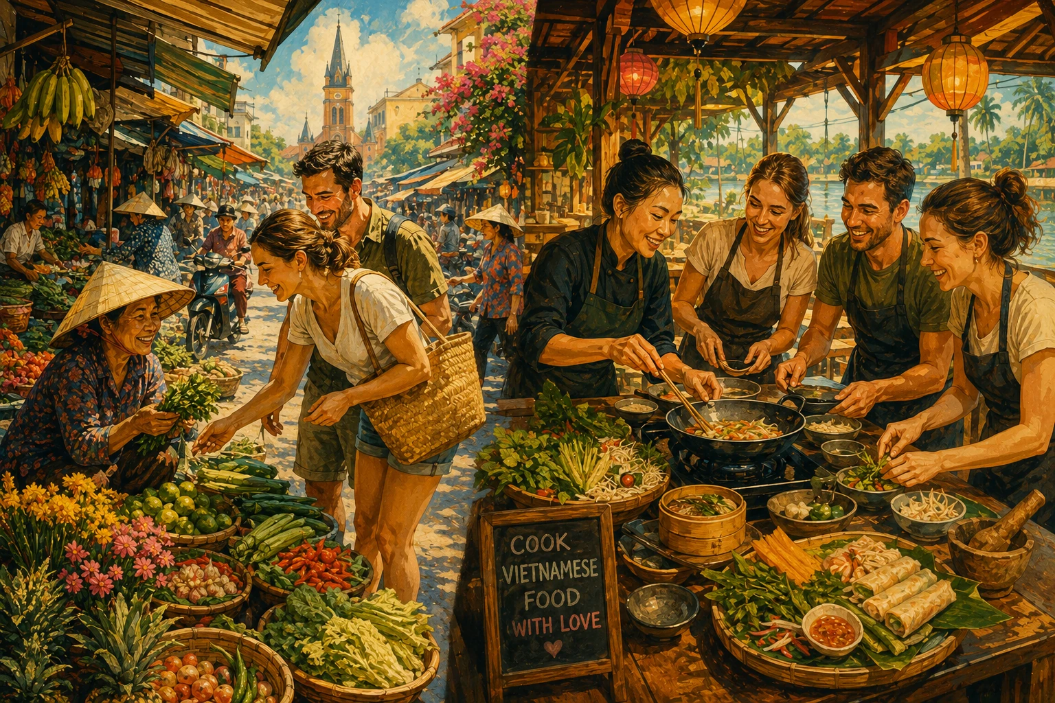 Travelers cooking Vietnamese dishes after a Saigon market visit