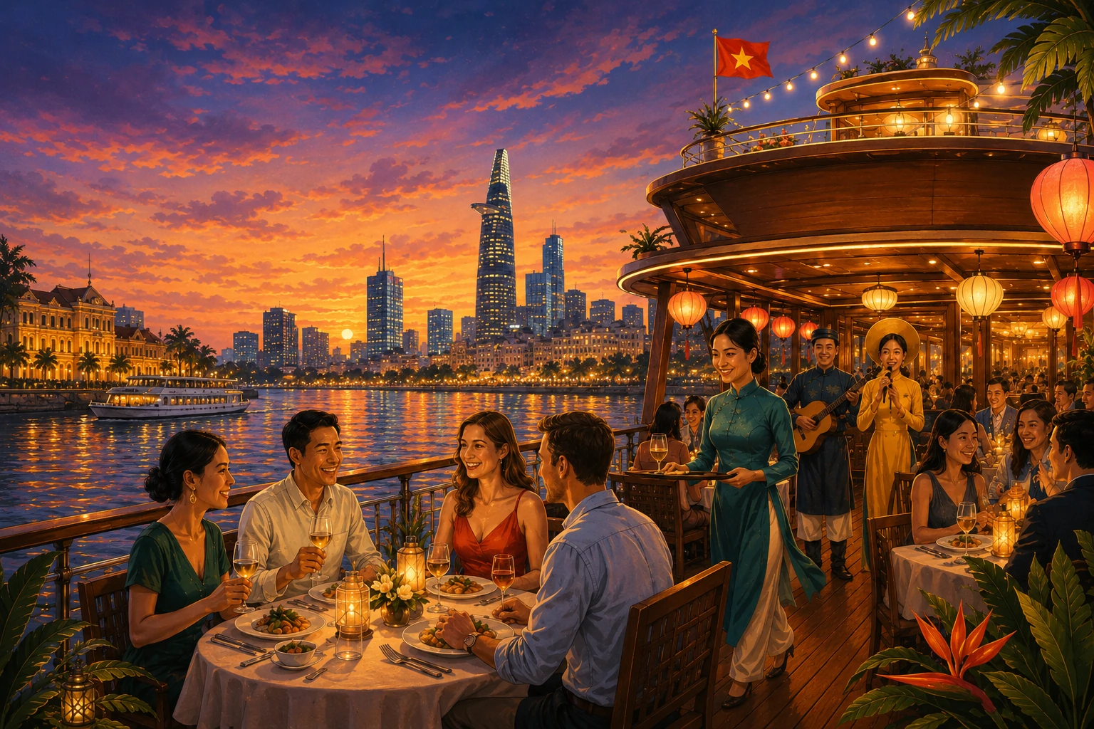 Dinner cruise on the Saigon River beneath the city skyline