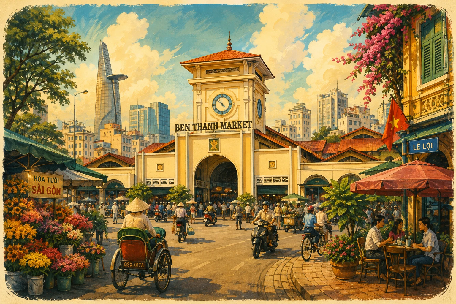 Clock tower and busy entrances of Ben Thanh Market