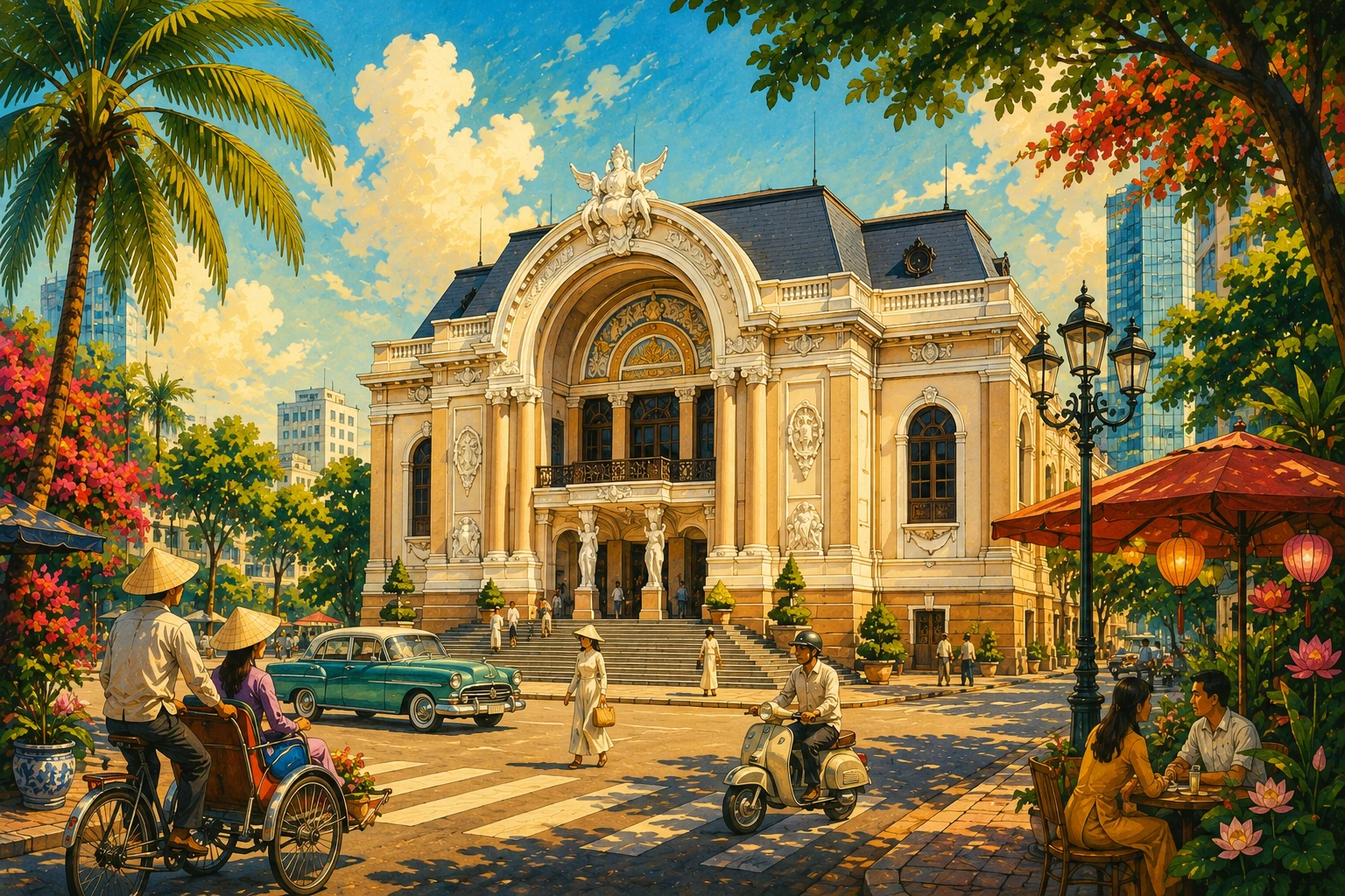 Illuminated facade of the Saigon Opera House