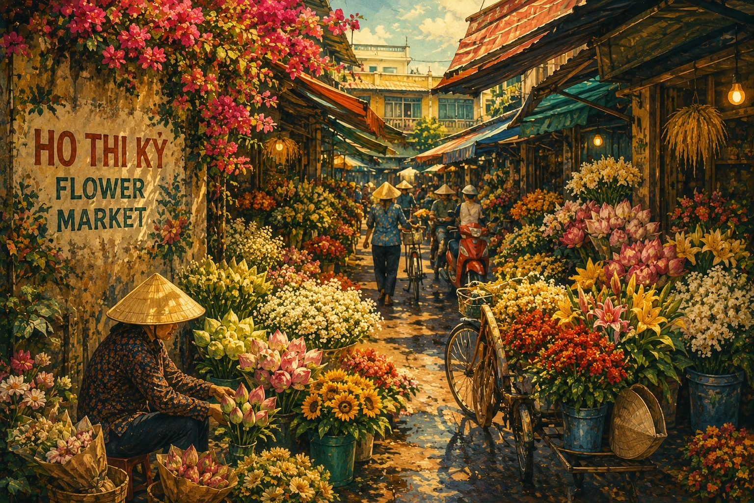 Colorful flower stalls at Ho Thi Ky Market
