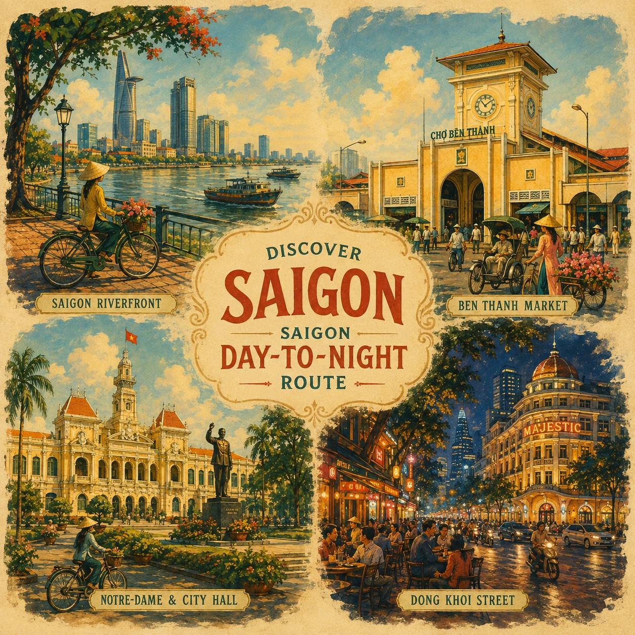 Illustrated Saigon day-to-night skyline route
