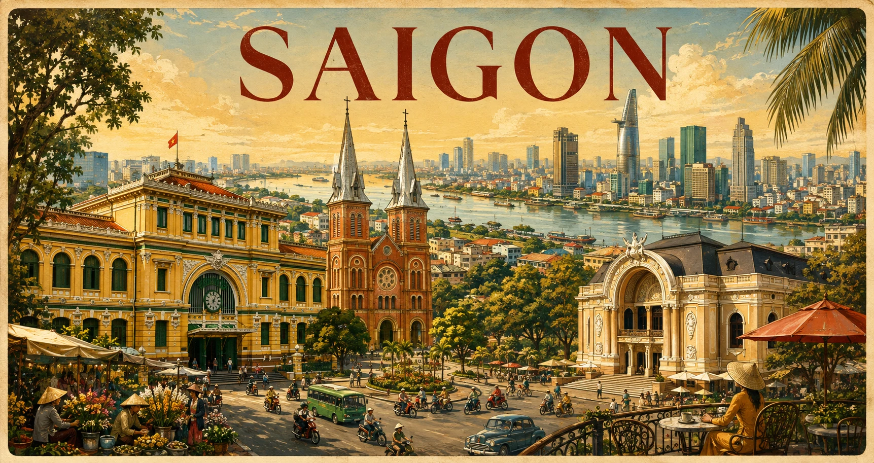 Vintage illustrated panorama of Saigon landmarks, markets, riverfront, and travelers