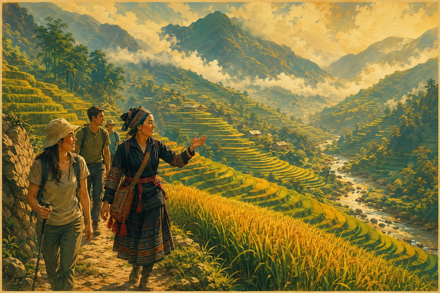 Travelers enjoying Muong Hoa Rice Terrace Trek in Sa Pa