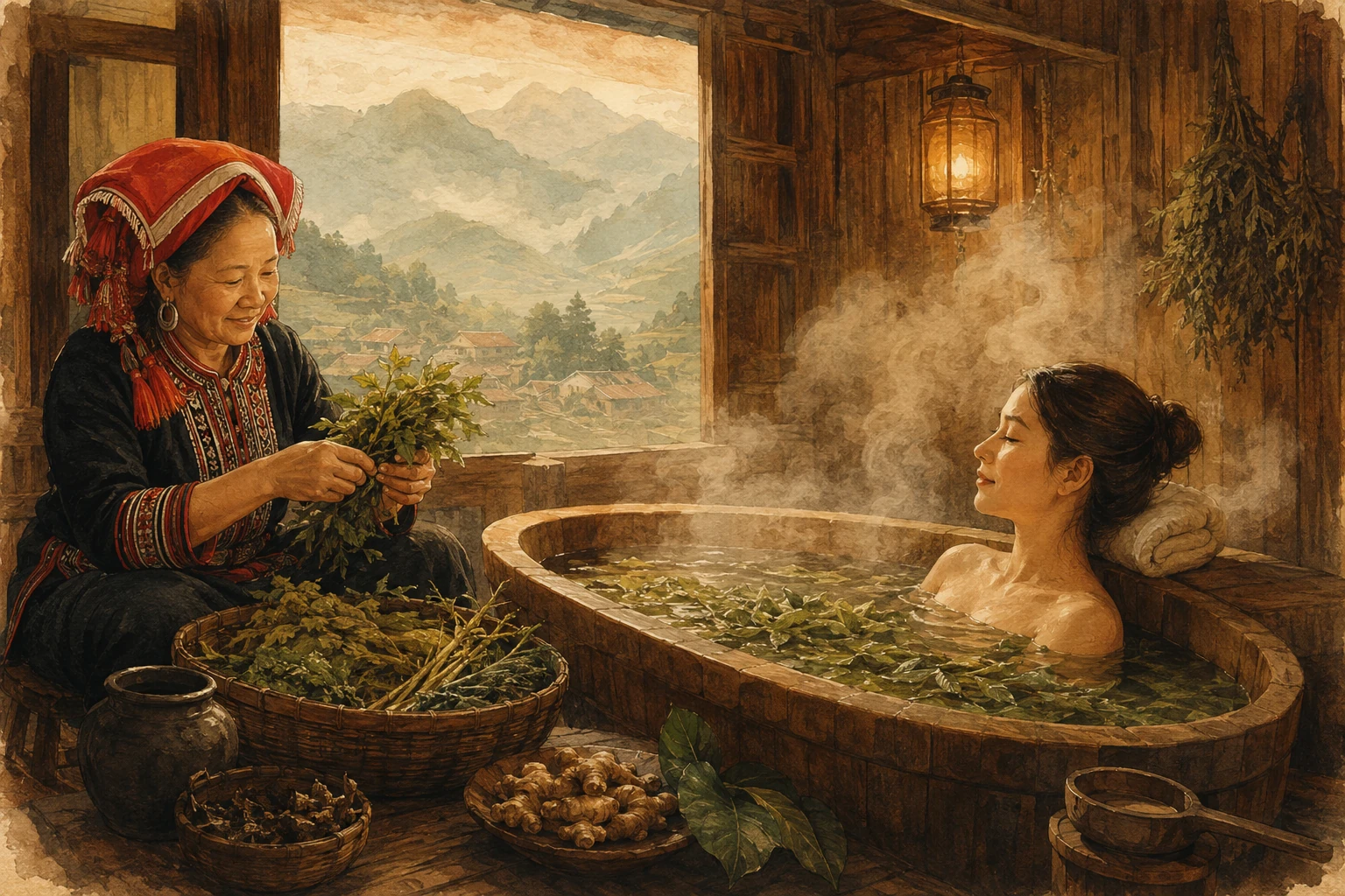 Travelers enjoying Red Dao Herbal Bath Experience in Sa Pa