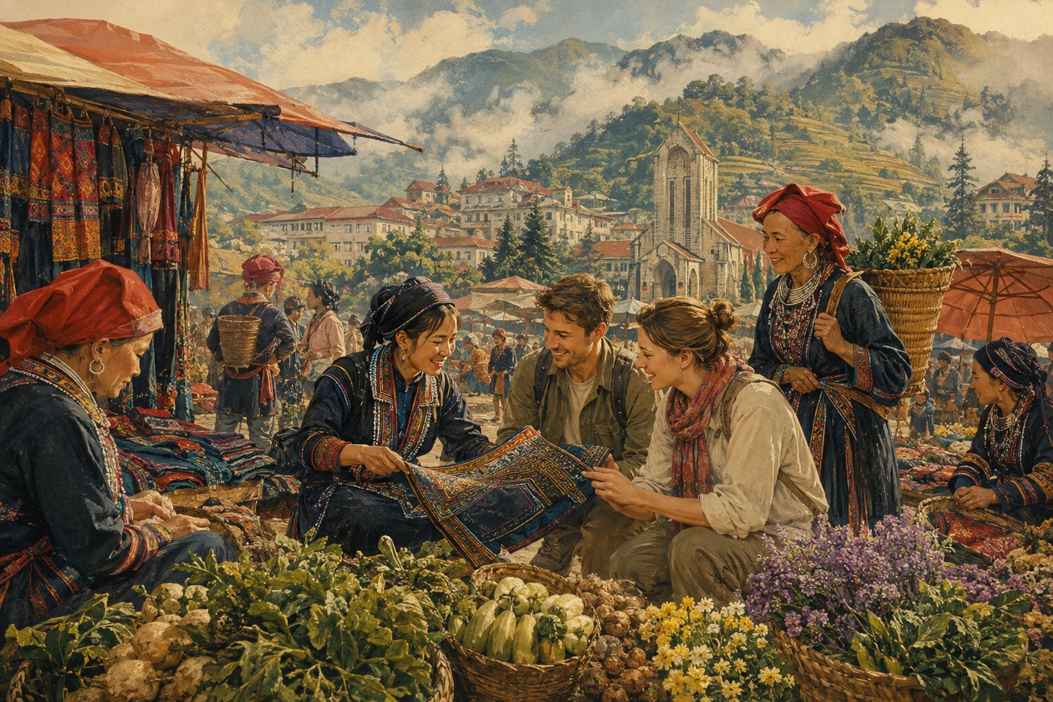 Travelers enjoying Sa Pa Ethnic Market Tour in Sa Pa