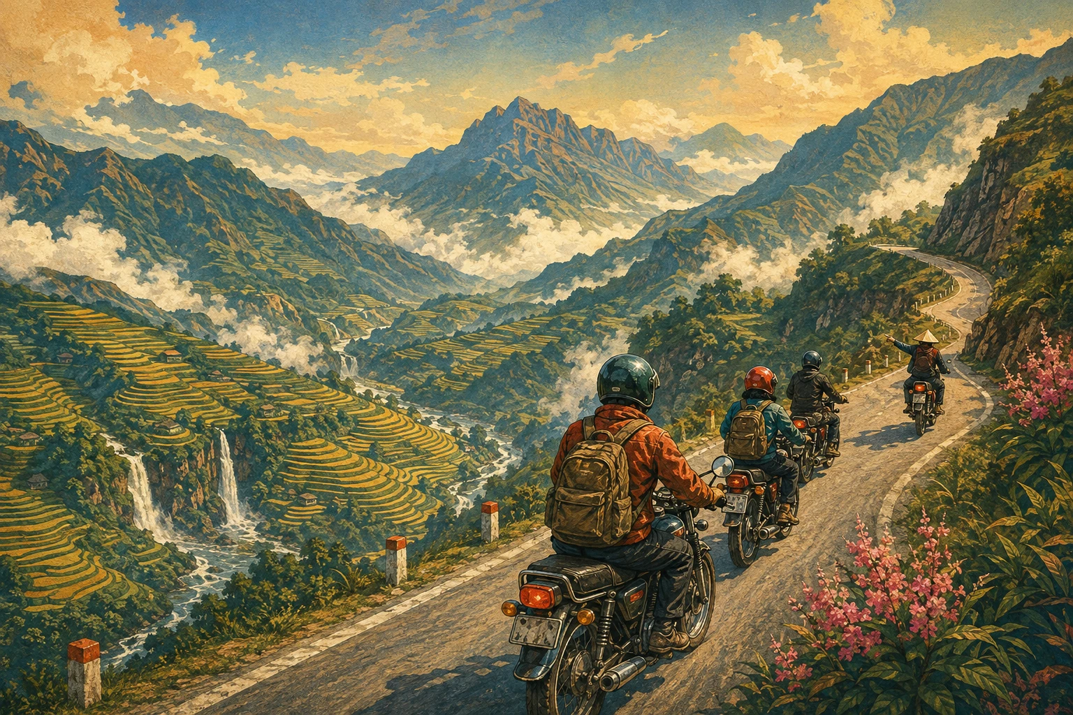 Travelers enjoying Sa Pa Mountain Motorbike Tour in Sa Pa