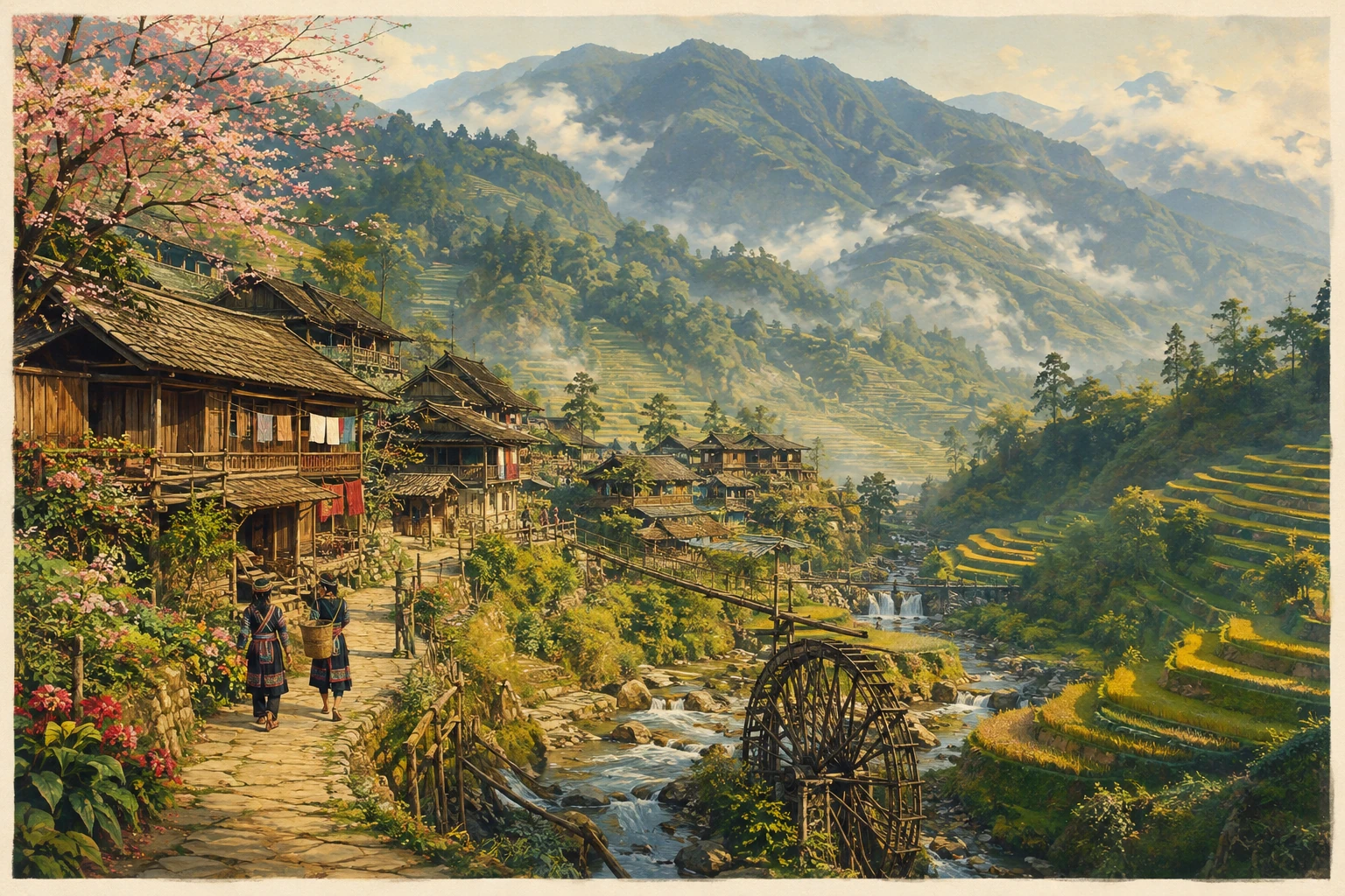 Illustrated view of Cat Cat Village in Sa Pa