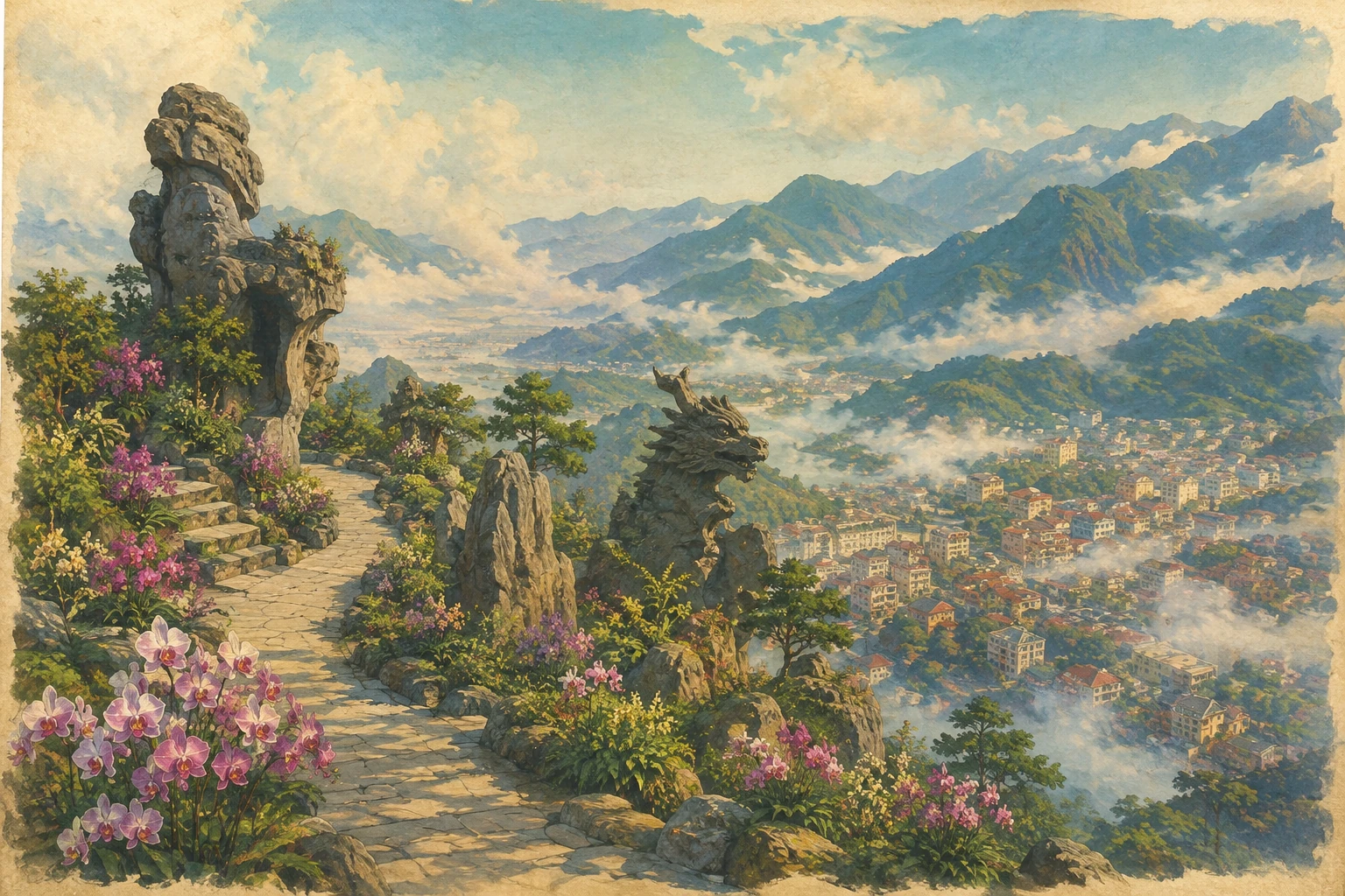 Illustrated view of Ham Rong Mountain in Sa Pa