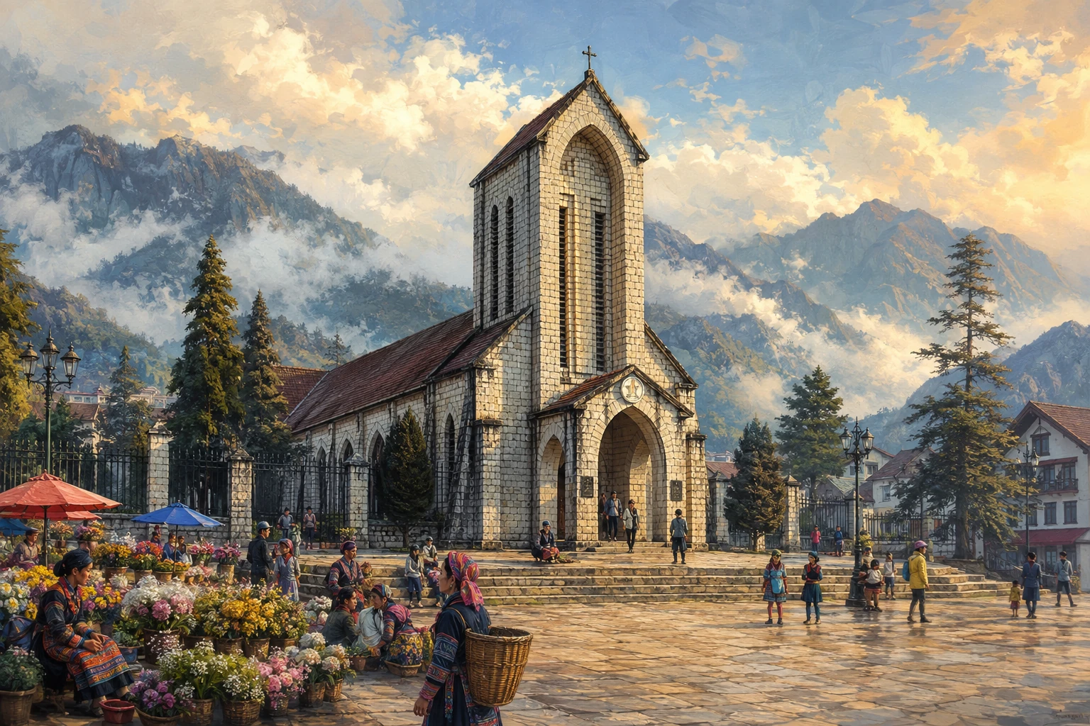 Illustrated view of Sa Pa Stone Church in Sa Pa