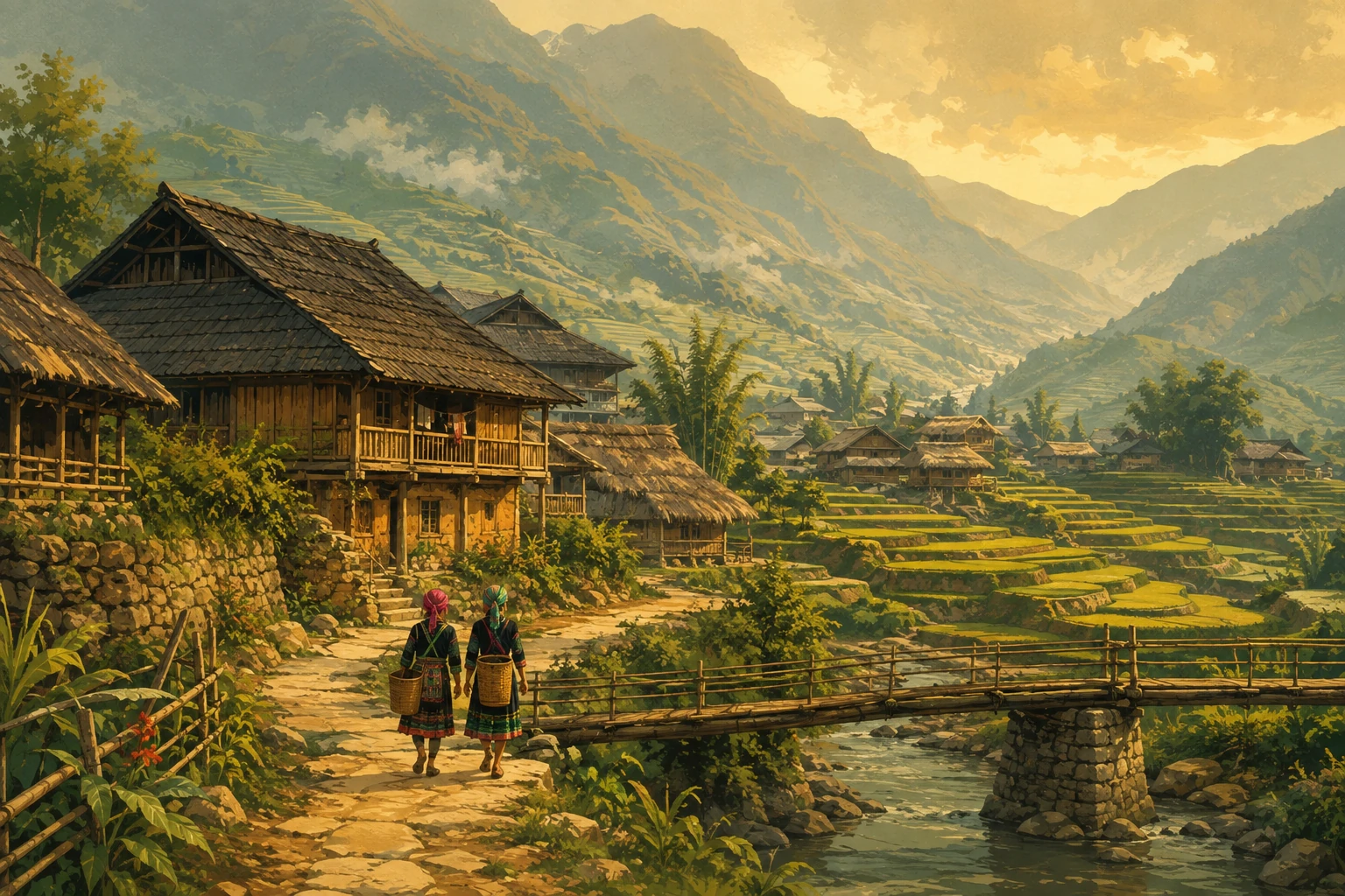Illustrated view of Ta Van Village in Sa Pa