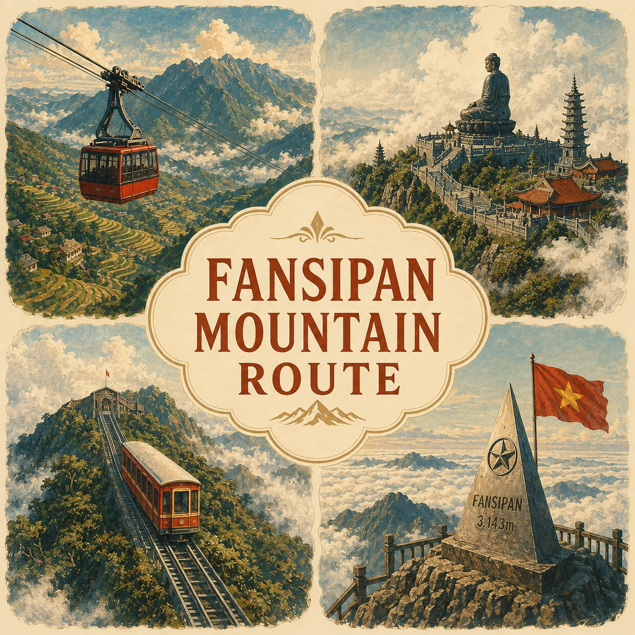 Illustrated Fansipan Mountain route in Sa Pa