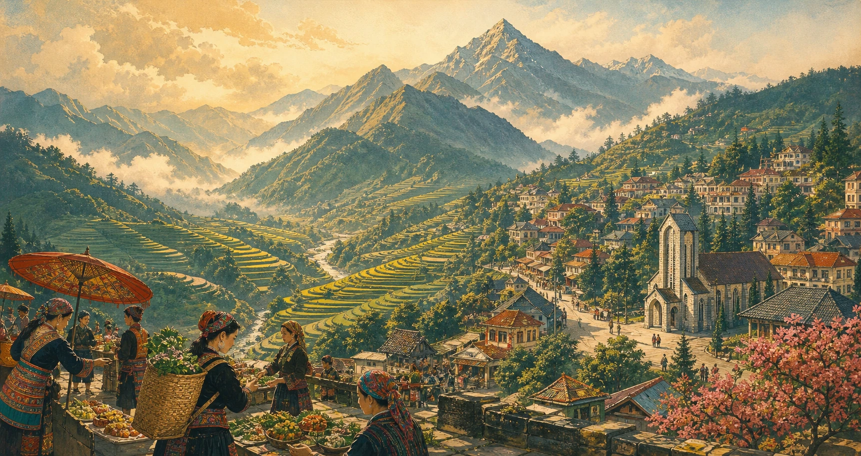 Vintage illustrated panorama of Sa Pa, Vietnam