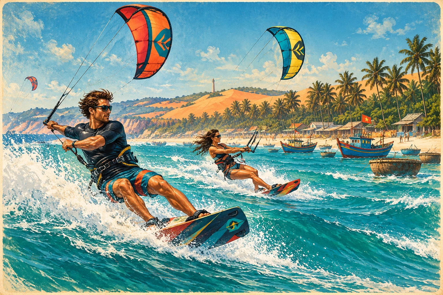 Travelers enjoying Mui Ne Kitesurfing Experience in Phan Thiet