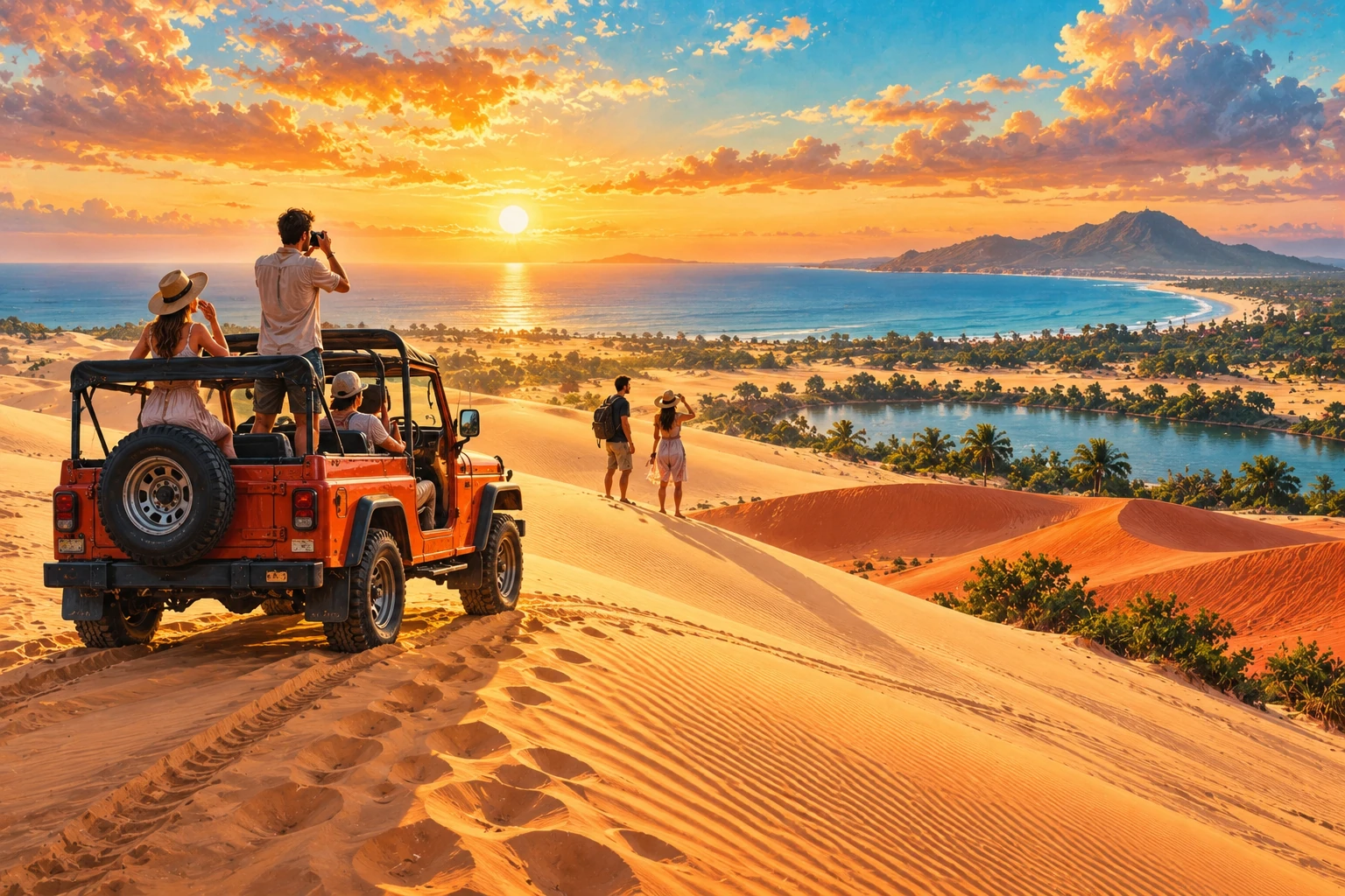 Travelers enjoying Mui Ne Sunrise Sand Dunes Jeep Tour in Phan Thiet