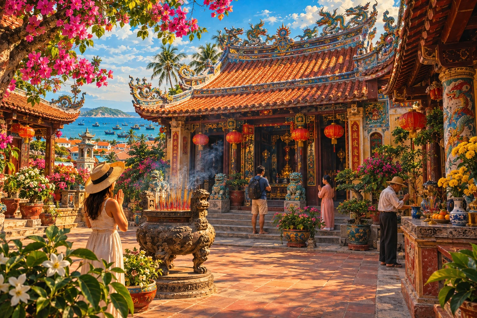 Atmospheric illustrated view of Thanh Minh Tu Temple