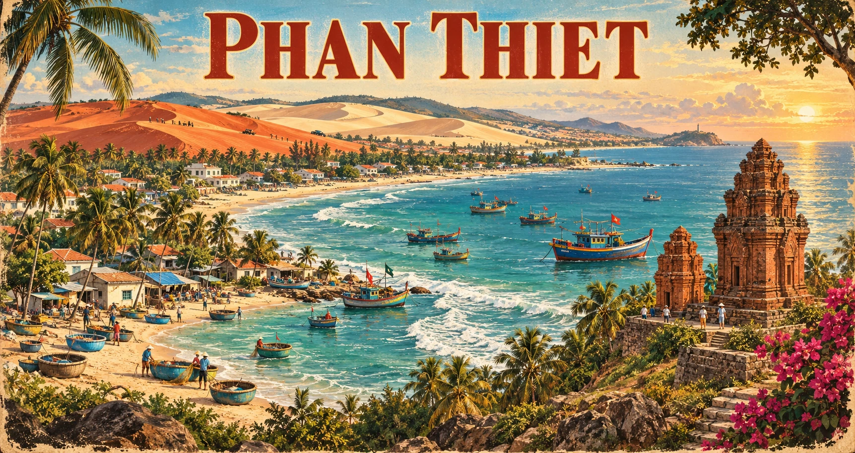 Vintage illustrated panorama of Phan Thiet, Vietnam