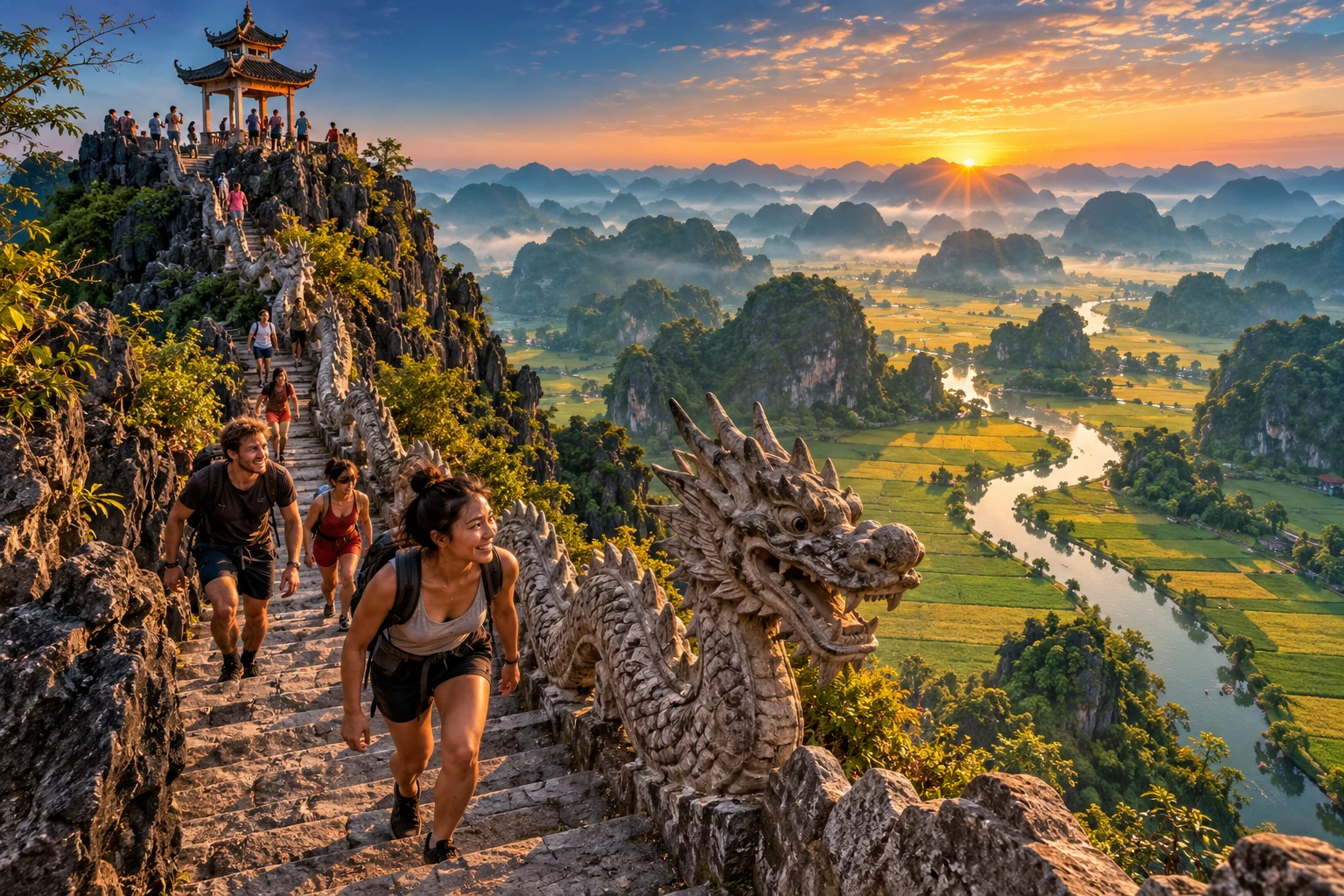 Travelers enjoying Hang Mua Sunrise Hike in Ninh Binh