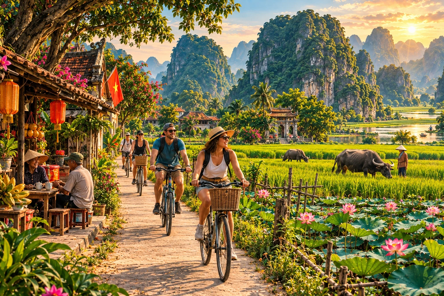 Travelers enjoying Ninh Binh Cycling Tour in Ninh Binh