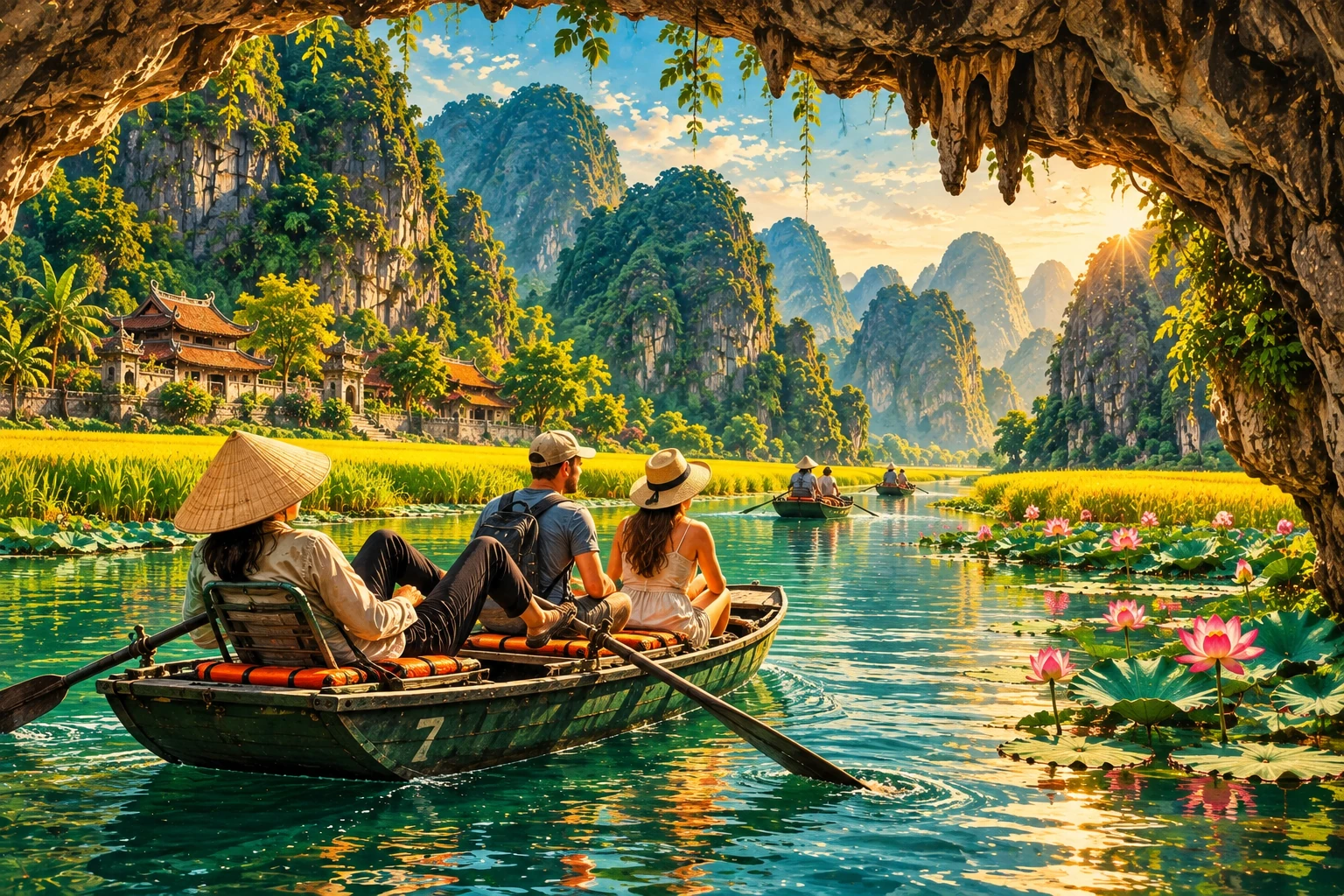 Travelers enjoying Tam Coc Sampan Ride in Ninh Binh