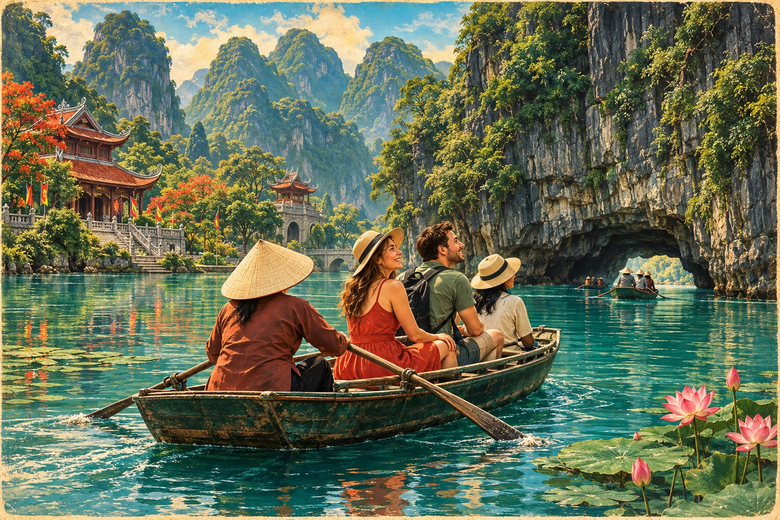 Travelers enjoying Trang An Boat Tour in Ninh Binh